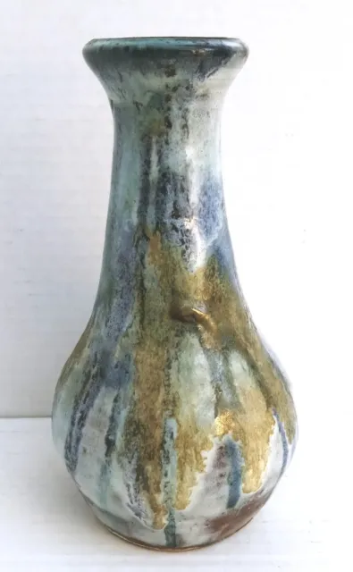 Vintage Drip Glaze Vase Blue Green Brown Studio Pottery Signed Mid Century 1965 2