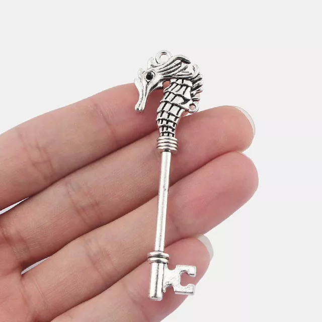 5 Large Antique Silver Tone Seahorse Key Charms Pendants Double-Sided 71mm Long