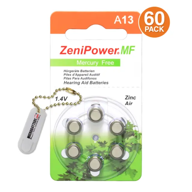 60 ZeniPower Hearing Aid Batteries Size 13 w/ Battery Buddy + 2 Free Batteries