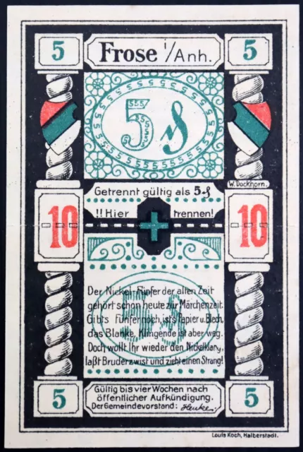 FROSE 1921 double-note 10 Pf = 5x5 Pf Notgeld Germany