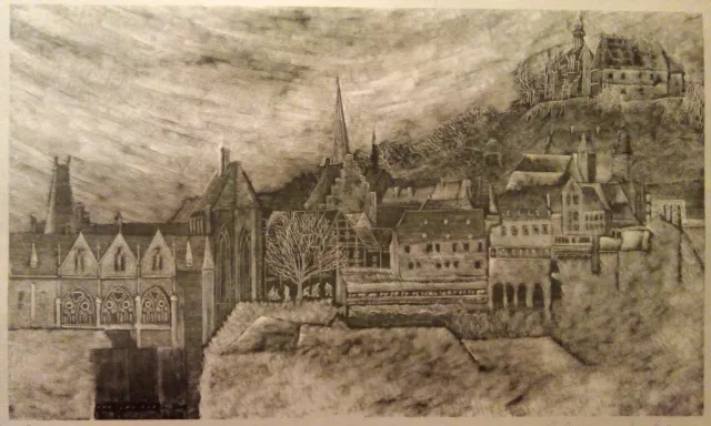 Holzstich Original AUSBLICK AUS DER MENSA MARBURG von Robert Schanzenbacher