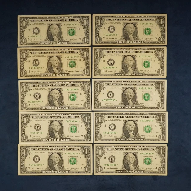 Lot of 10 $1 Federal Reserve Star Notes - Free Shipping USA