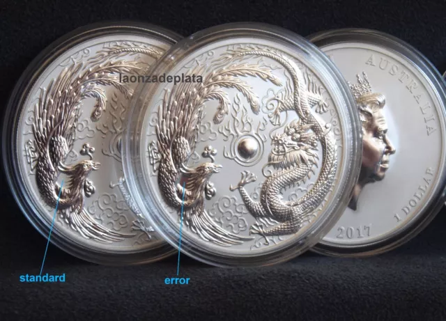 Australia 2017 Dragon & Phoenix MINT ERROR MIRRORED GAP fenix onza plata silver 2