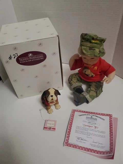 Ashton Drake Usmc Boy Doll Porcelain Titus Tomescu Semper Fi Doll with Dog Box
