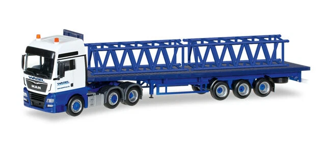 Camion 6x4 TGX MAN Wasel avec semi 3 essieux plateau avec chargement avec une échelle de 1/87 conçu par HERPA sur