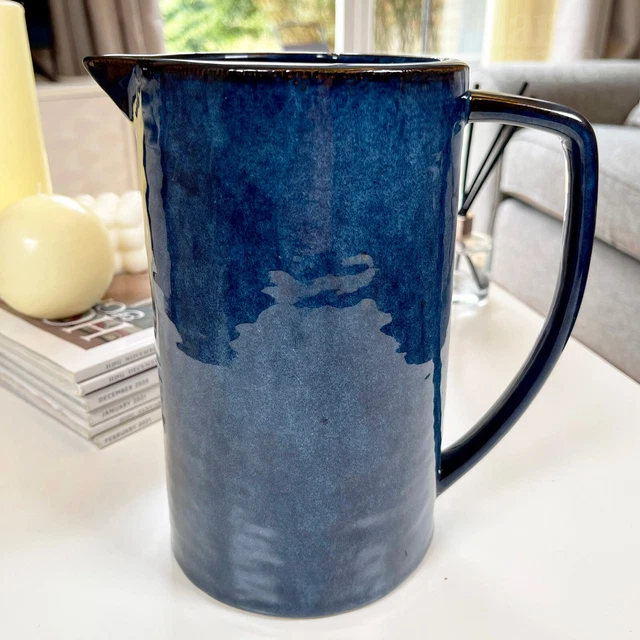 Blue Flower Jug Vase Stoneware Glazed Modern Pitcher Home Table Decor Tall Large