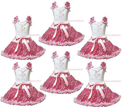 My 1ST 2ND 3RD 4TH Birthday White Top Girls Pink Bling Sequins Skirt Outfit 1-8Y