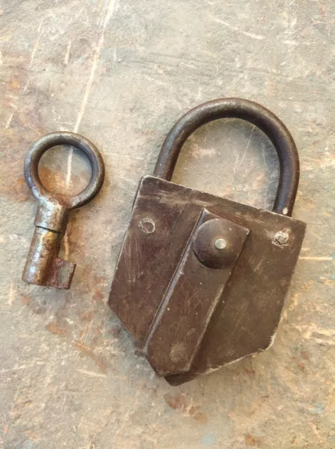 Antique Indian Old Iron Hand Forged Lock With Key Good Working Condition Padlock