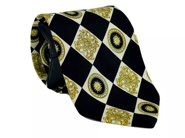 VERSACE by V2 Black Yellow TIE Diamond Jellyfish Check Vintage Pure 100% Silk cs