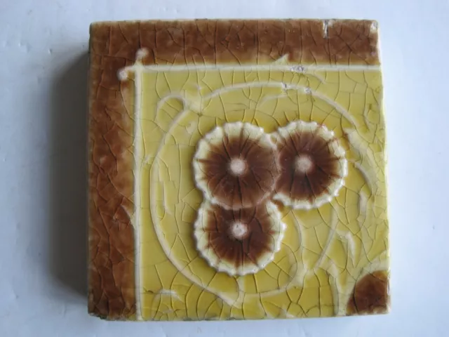Antique Victorian Mintons 3" Square Moulded & Majolica Glazed  Triple Daisy Tile