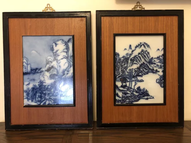 2 stunning antique vintage Asian handmade large blue white ceramic tiles rare