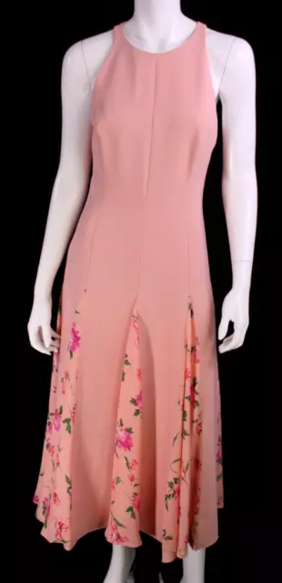 CAROLINA HERRERA Peach Pink Crepe Floral Print Silk Godet Hem Maxi Dress 6