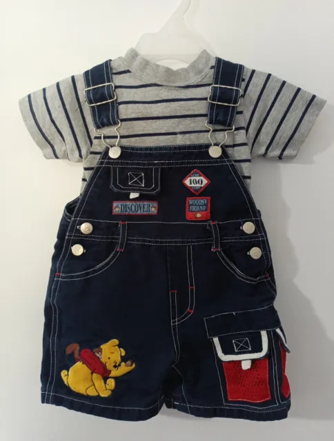 Vintage Disney Winnie The Pooh Overalls Bib Shorts Shortalls Boy's 12 Months 2PC