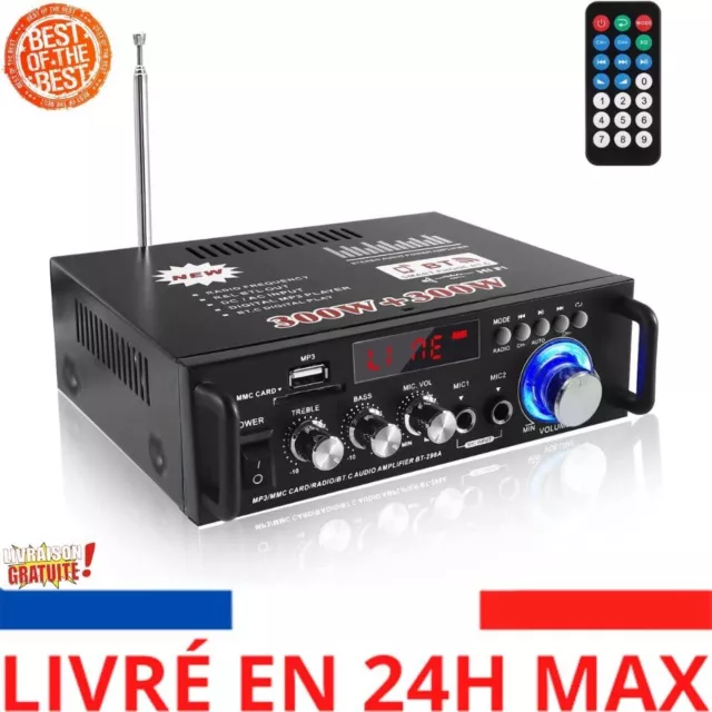 Etlephe Amplificateur Audio HiFi Stéréo Bluetooth 5.0, 12V 220V 600W 2 Canaux FM