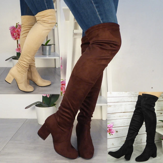 Ladies' Over-the-Knee High Heel Booties - Casual Style, Hand Washable, No Dry Clean, Pure Color, Suitable for All Seasons, Easy Slip-On, Pointed Toe, Thin High Heel, Fabric Upper, Fabric Lining, Rubber Sole, Fabric Insole, Ra main image 0