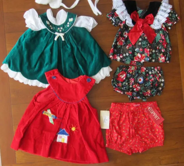 Vintage Baby 3 Dresses, Green Velvet, Black Velvet With Flowers, Red Schoolhouse