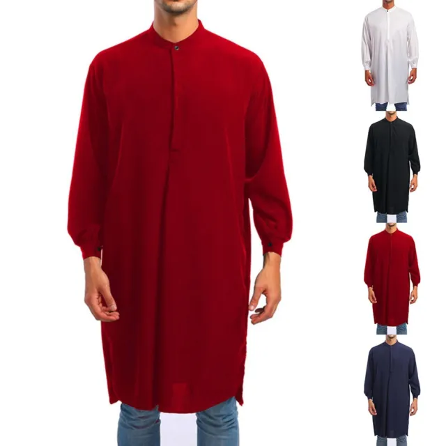 Classico abito musulmano tinta unita da uomo casual maniche lunghe top jubba arabo