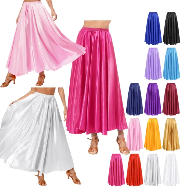 Womens Dance Skirts Slip Wide Hemline Ruffle Maxi Solid Color Practice Circle 3