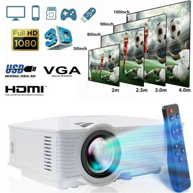 1080p Full HD LED Portable Mini Projector Smart Home Theater Cinema HDMI VGA USB