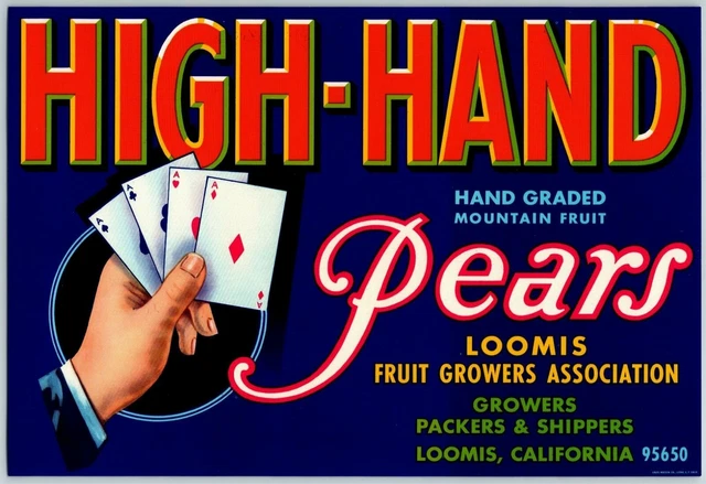 High-Hand Pears Vintage Original Paper Fruit Crate Label Four Aces Poker Cards
