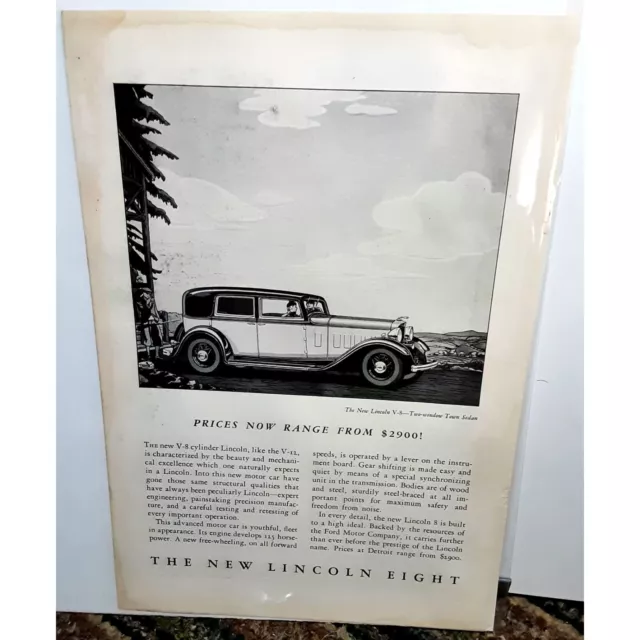 1932 Lincoln V8 2 Window Town Sedan Print Ad vintage 30s