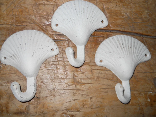 3 Cast Iron Antique Style Nautical SEA SHELL Coat Hooks Hat Hook Rack Towel CLAM