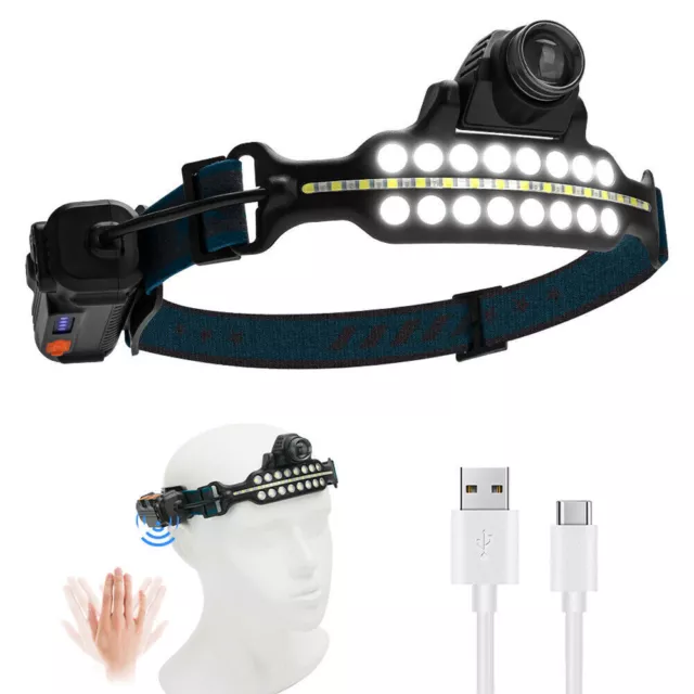 Waterproof COB LED Motion Sensor Head Torch Headlight USB Rechargeable Headlamp