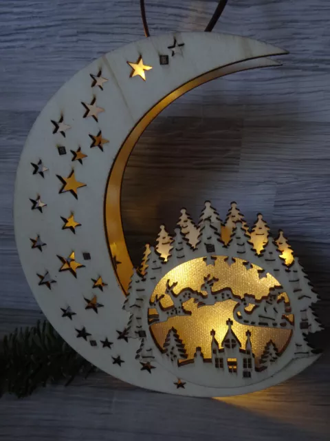 LED Leuchtdeko-Holz Mond-Winterszene-Weihnachtsmann & Schlitten--Fenster Deko