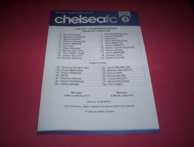 2009/10 Chelsea V Blackburn Official Colour Teamsheet