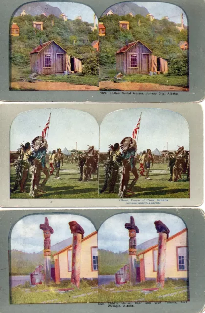 Lot of (3) Native American Stereoview Photos, Lithos, Chiefs House, Burial House