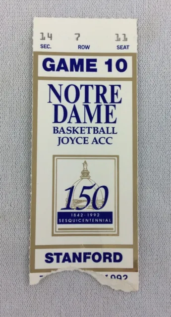1992 02/11 Stanford at Notre Dame Basketball Ticket Stub - Seat 11