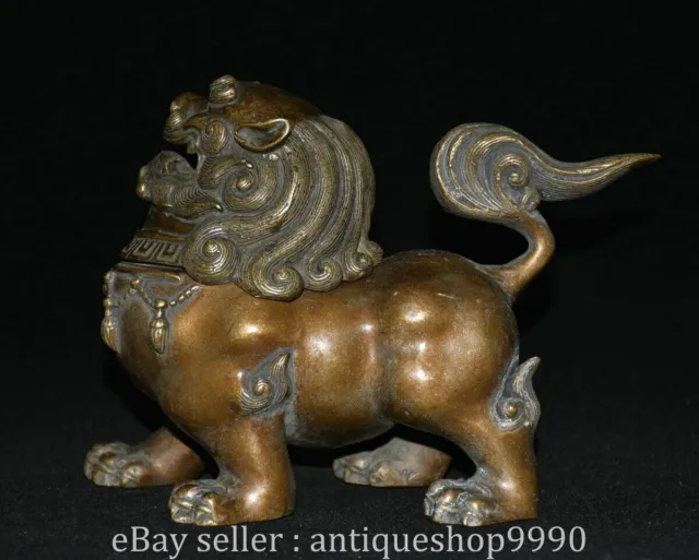 7.6" Marked Chinese Purple Bronze Fengshui Foo Dog Lion Incense Burner Censer