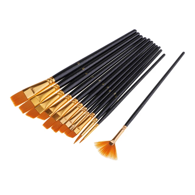 Set di pennelli per pittura acrilica a olio, 12 pezzi, manico in legno, pennelli