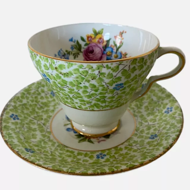 MCM Clare Bone China Tea Cup Saucer Gold Trim Floral Green Pink England Vtg 1950