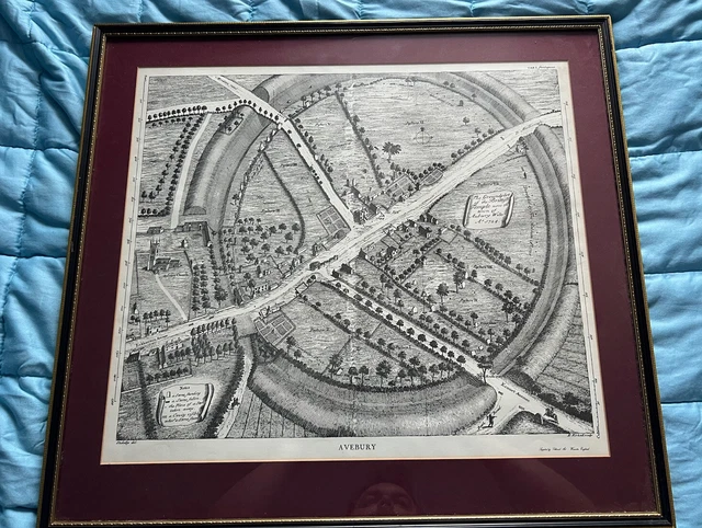 Framed & Mounted Art Etching: Ancient Aerial View of Avebury - 22 x 21 ins