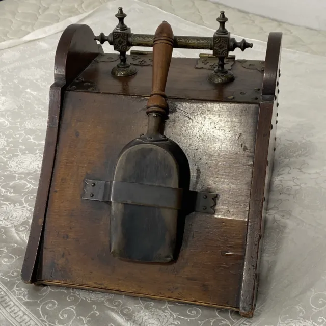 Antique Ash Coal Scuttle Wood Box w/Scoop Fireplace Victorian Handles Hardware