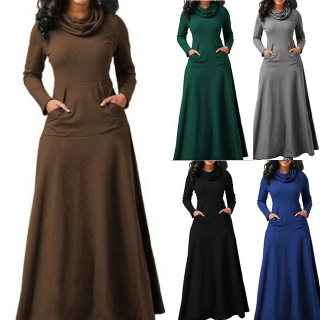 Femmes Décontracté Poche Robe Maxi Femmes Manches Longues Sweat Pull Rob *