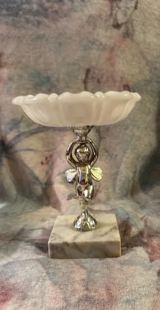 Vintage Milk Glass Vanity Dish Candy Potpourri w Brass Cherub Marble Base Holder