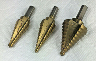 Set of 3 Step Drill 3/16" to 1-3/8 x 3/8 shank with 3 flats. HSS Titaium Coated.