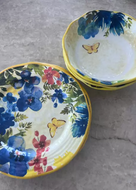 Pier 1 Melamine Butterfly Floral Salad Luncheon Plates & Bowls Blue Yellow