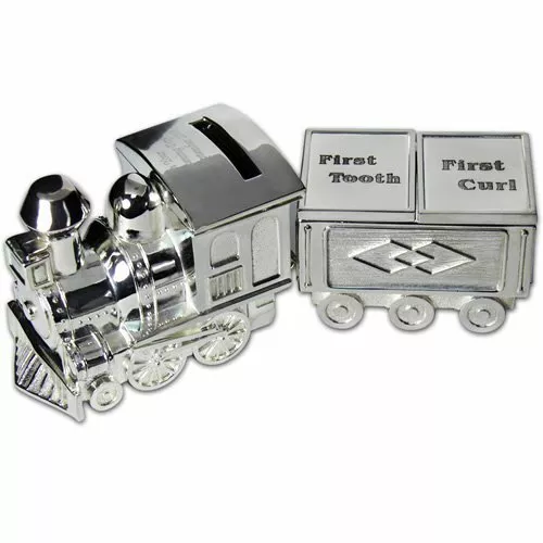 Silver Plated My First Tooth & Curl Train With Money Box - Baby Christening Gift