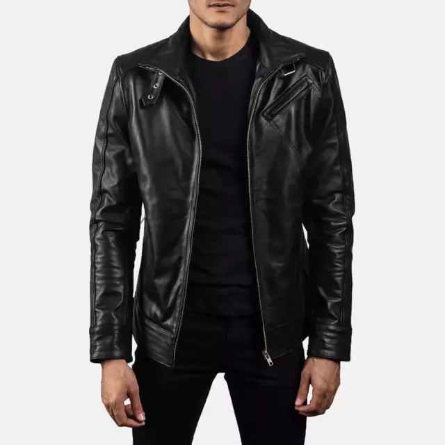 Men's Biker Leather Jacket Black Slim Fit Biker Motorcycle Genuine Lambskin Coat