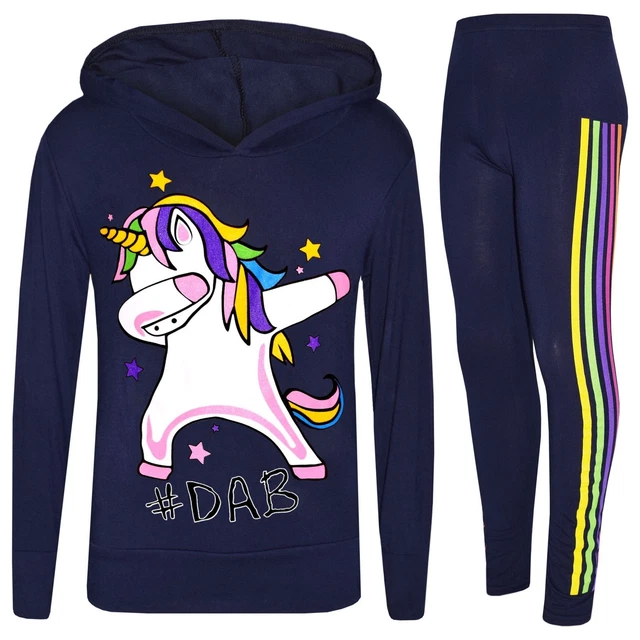 Kids Girls Unicorn Rainbow #Dab Floss Navy Top Legging Set Xmas Tracksuit 7-13Yr