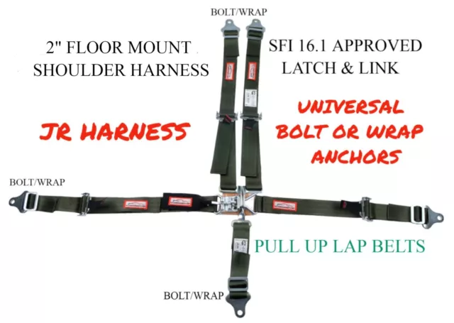 Kids Universal 5 Pt 2" Racing Harness Latch & Link Floor Mount Military Green