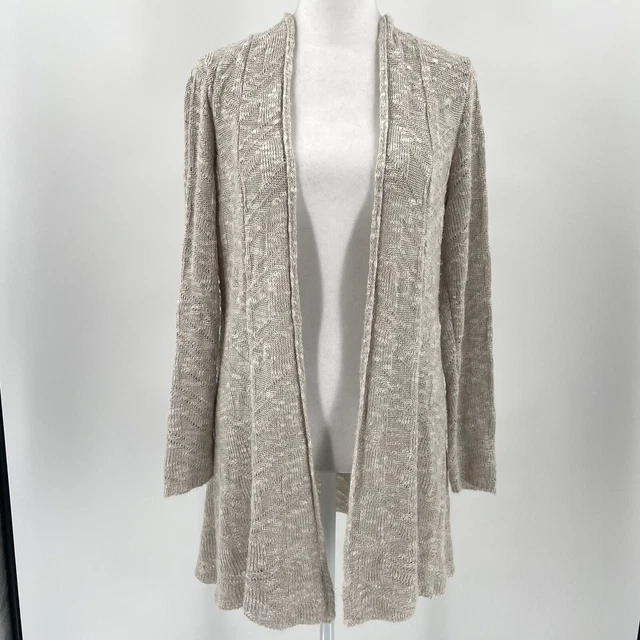 EILEEN FISHER Linen Blend Pointelle Knit Open Front Cardigan Sweater Cream Small