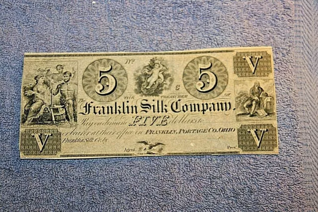 Antique 1800'S Franklin Silk Co. Obsolete $5 Note