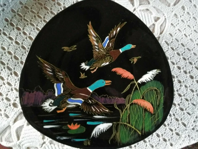 LONGWY GRAND FEU - CANARD "envol" Assiette murale Faïence vintage émaillé main