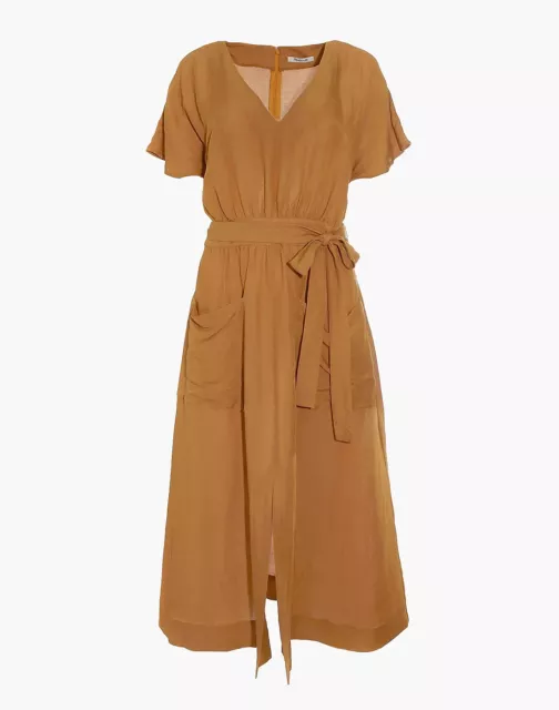 Madewell Womens Linen-Blend Dolman Sleeve Tie Waist Midi Dress Yellow Brown 6