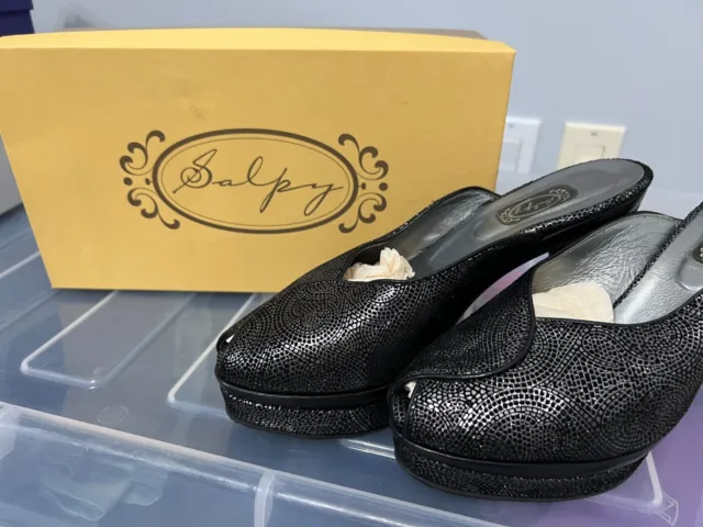 SALPY "Madeline" Handmade Shoes Black Silver Leather Mules Slides Slip On sz 10