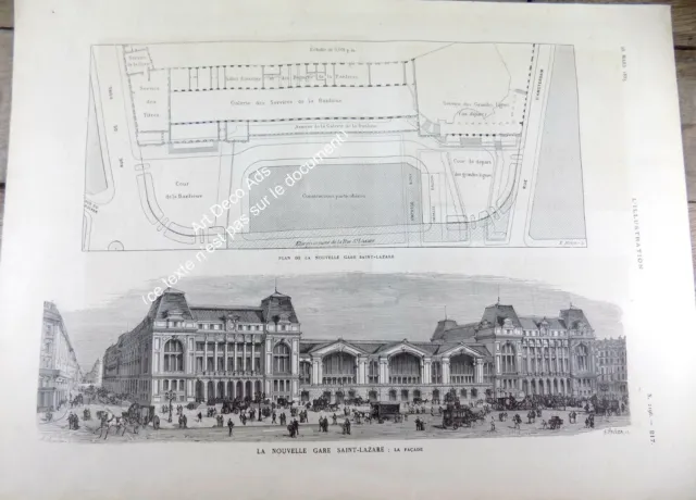 Gravure 1885, Paris La Nouvelle Gare Saint-Lazare - Plan et Façade